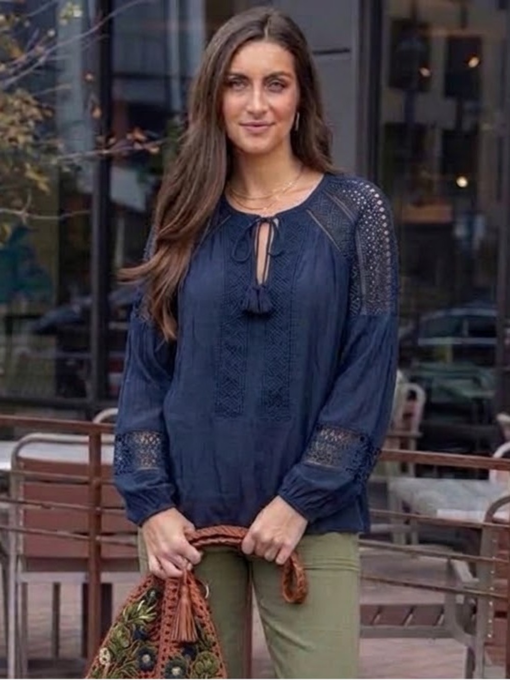 RAMY BROOK $325 • 16.5” PTP / small • Winnie Lace Panel Peasant Blouse in navy